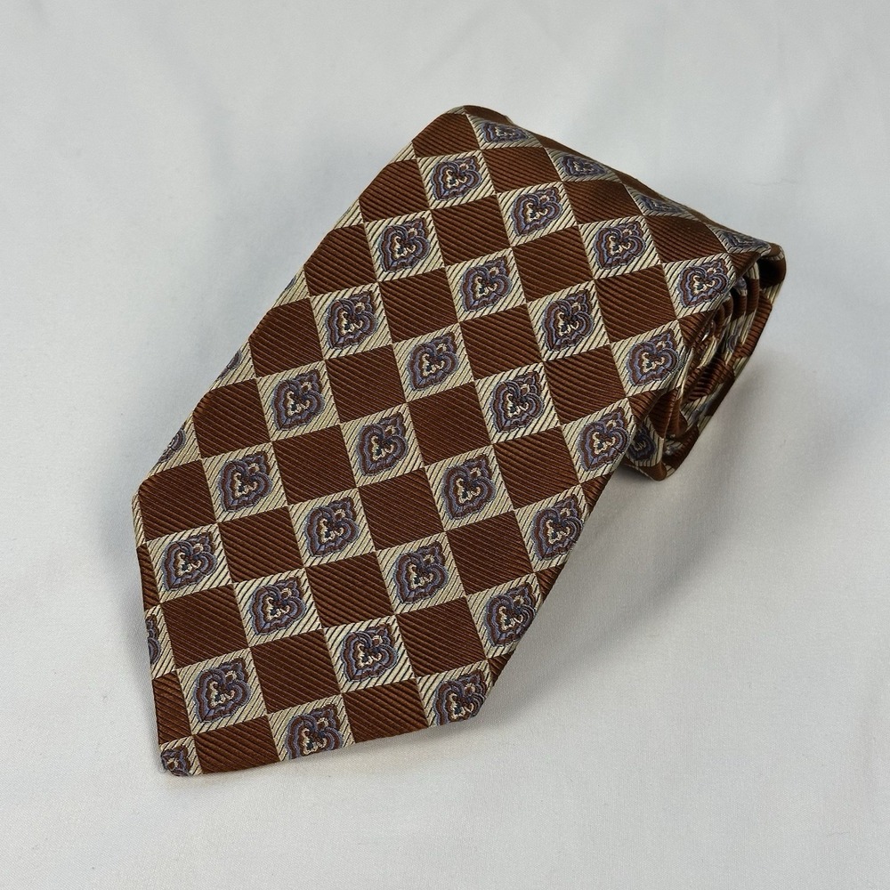 Jos A Bank Signature Coll Silk Tie Brown Geometric Medallion Jacquard Italy Made